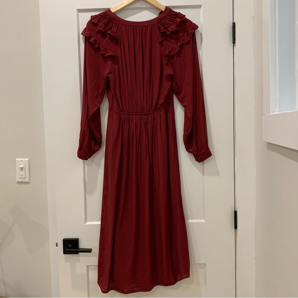ba&sh Burgundy Midi Dress with Ruffle Shoulders - Picture 6 of 10